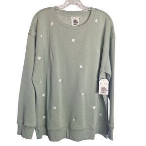 Joei & I Heart Embroidered Heart Sweatshirt Long Sleeve Sage Crew Neck Womens 2X